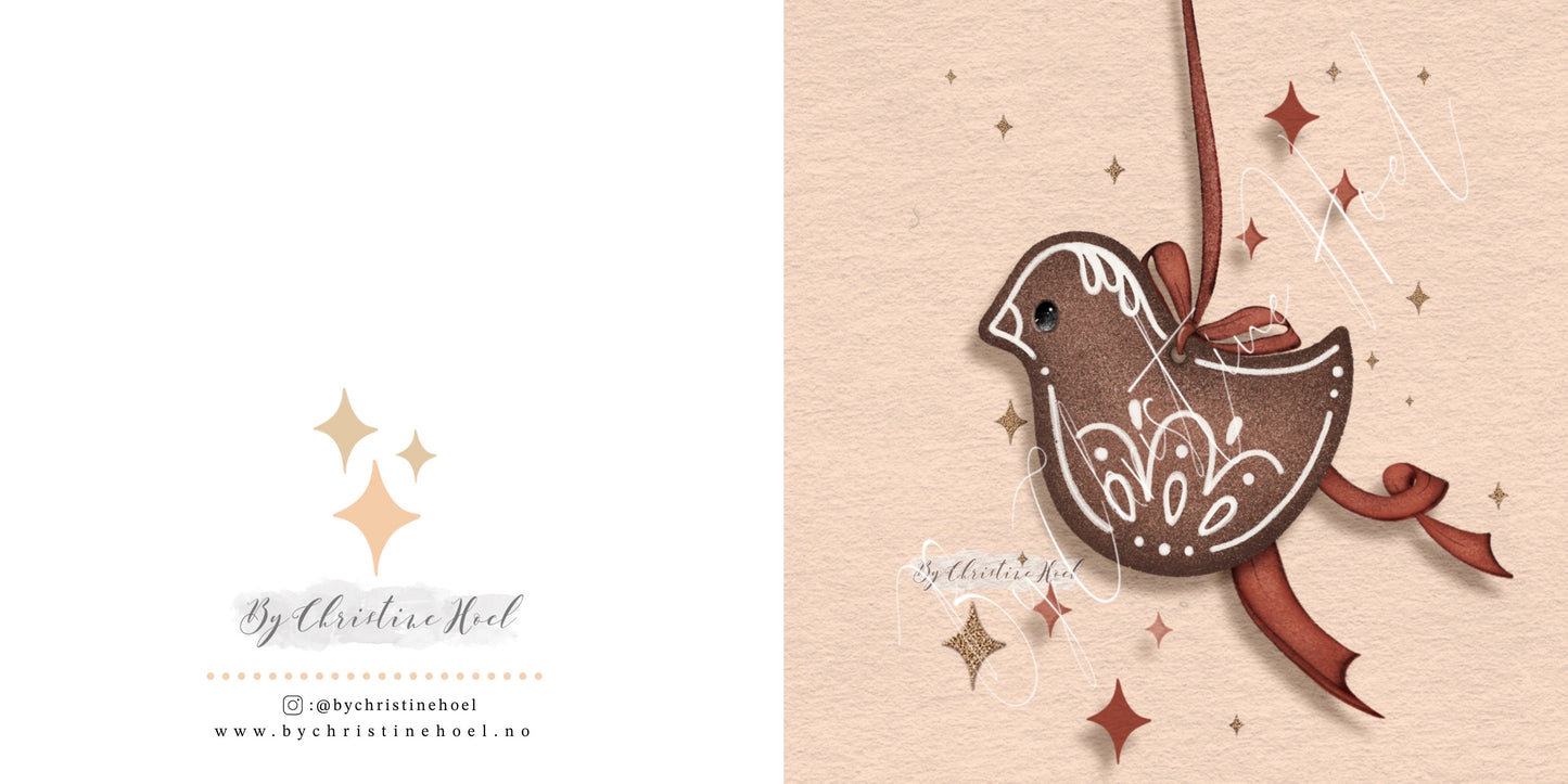 Pepperkaker Fugl & Hjerte - 10x10 cm doble kort 2pk