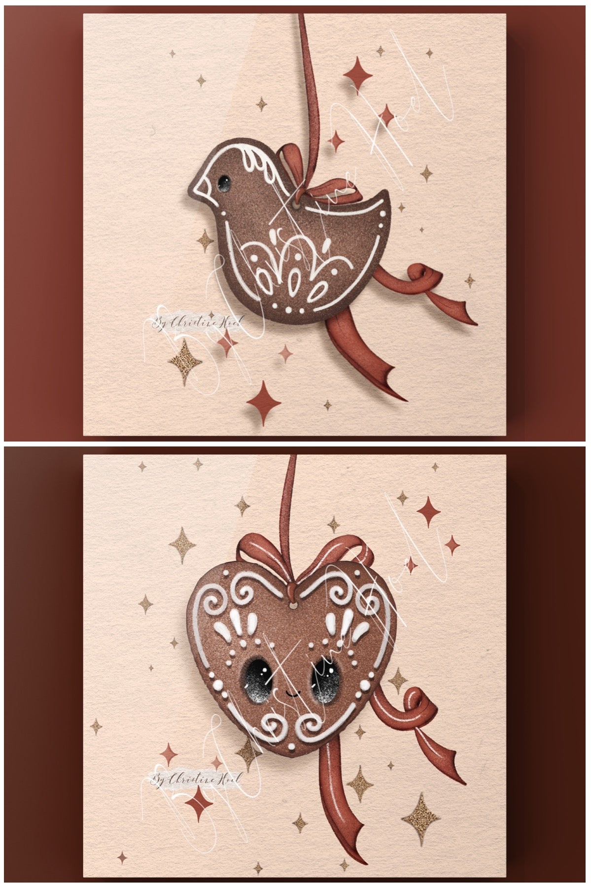 Pepperkaker Fugl & Hjerte - 10x10 cm doble kort 2pk