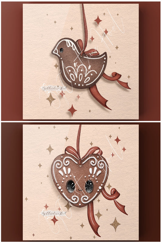 Pepperkaker Fugl & Hjerte - 10x10 cm doble kort 2pk