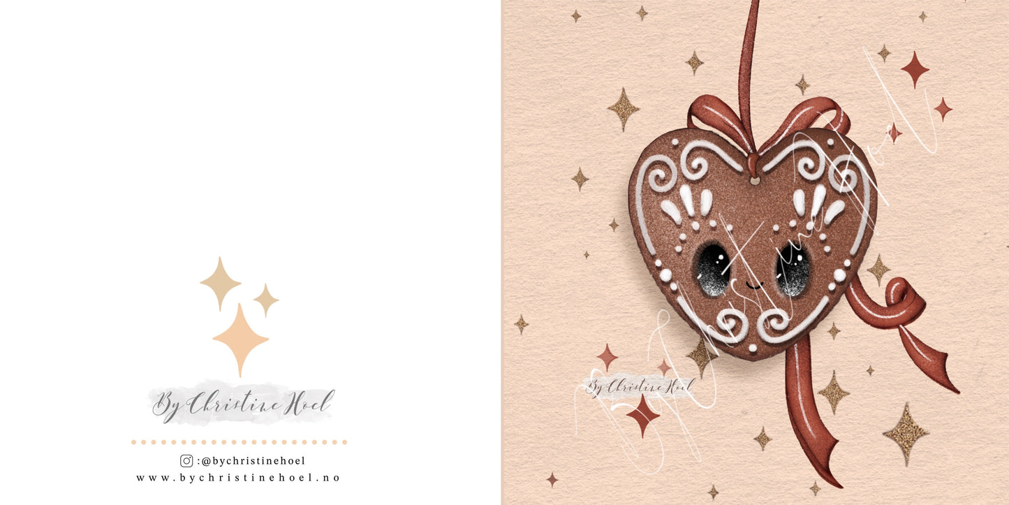 Pepperkaker Fugl & Hjerte - 10x10 cm doble kort 2pk